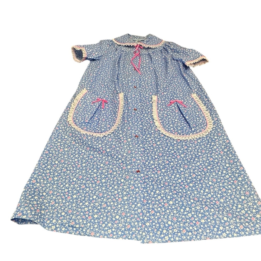 Vintage‎ Coffee Time nightgown House Dress Blue Floral Lace Pockets Medium